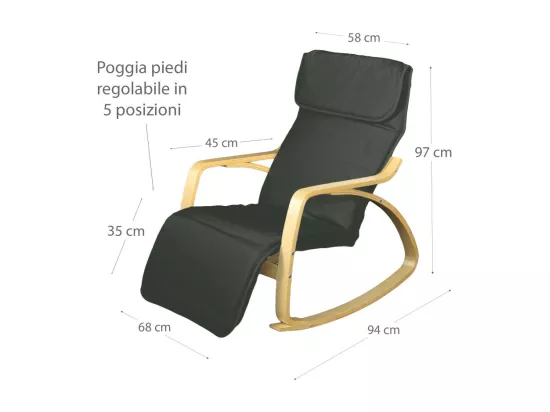 Fauteuil relax à bascule avec repose-pieds réglable mod. ZEN NOIR NATUREL par Yelloo