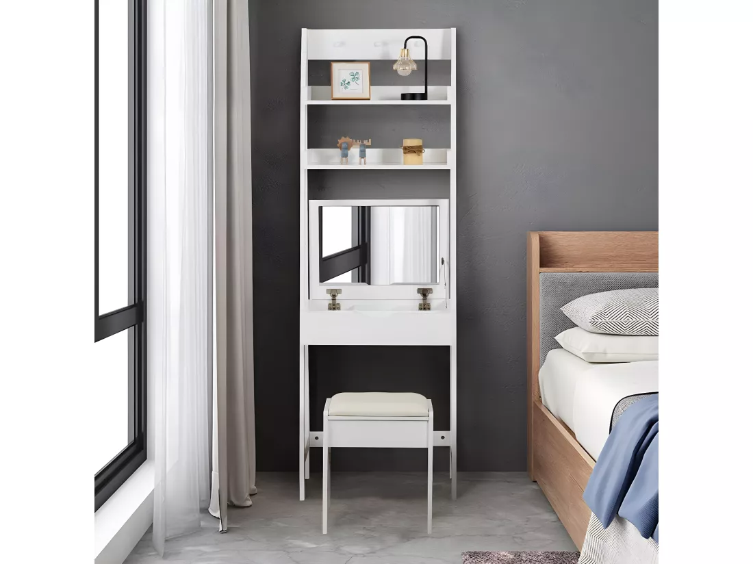 Coiffeuse avec Miroir Table de Maquillage Moderne avec Miroir, Tabouret, 2 Etagères, 3 crochets Table de Cosmétique en MDF pour Chambre, 61,5 x 40 x 180 Blanc