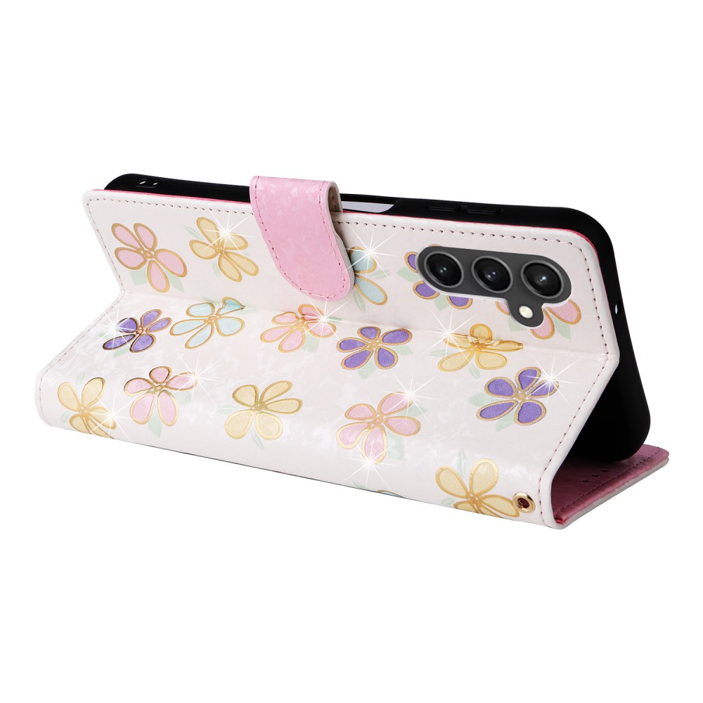Samsung Galaxy S23 FE Leder Tasche mit Kartenfächer - Glitzer Blumen
