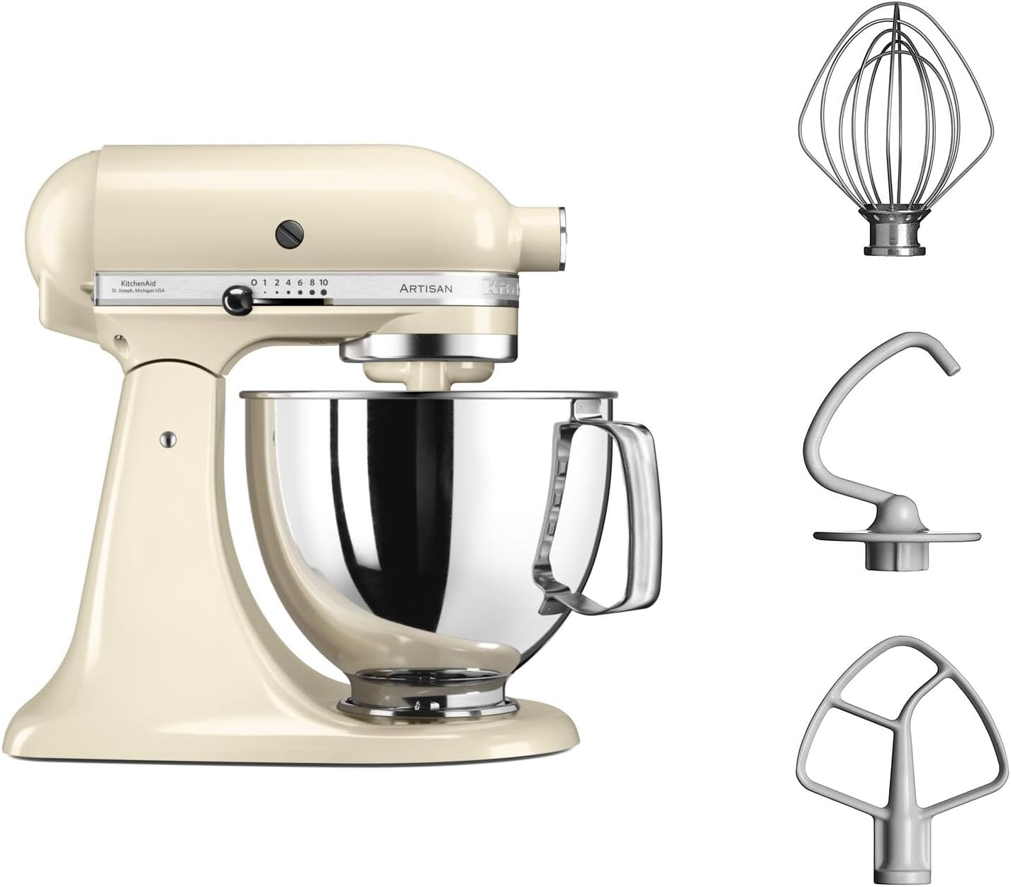 KitchenAid Robot Pâtissier I Artisan I Robot cuisine multifonctions à tête inclinable I Avec 4 accessoires I Bol de 4,8L | Crème