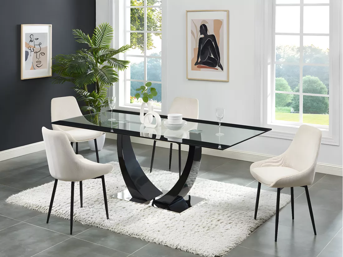 Table à manger 8 personnes en verre trempé, MDF et acier inoxydable - Noir - MEZZO II