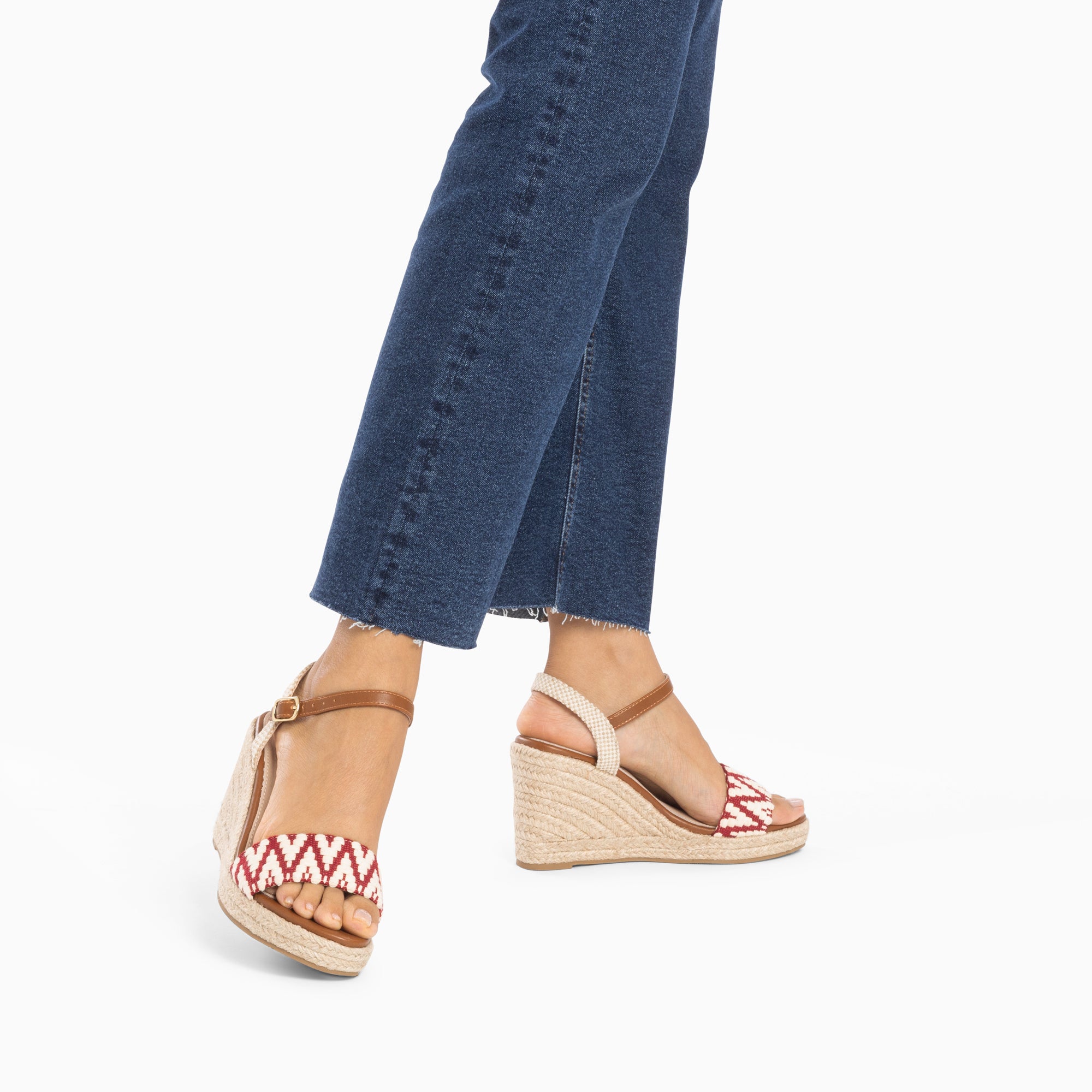 Sandales à talon, Compensées-Sandales compensées Malvina rouges en tissu jacquard