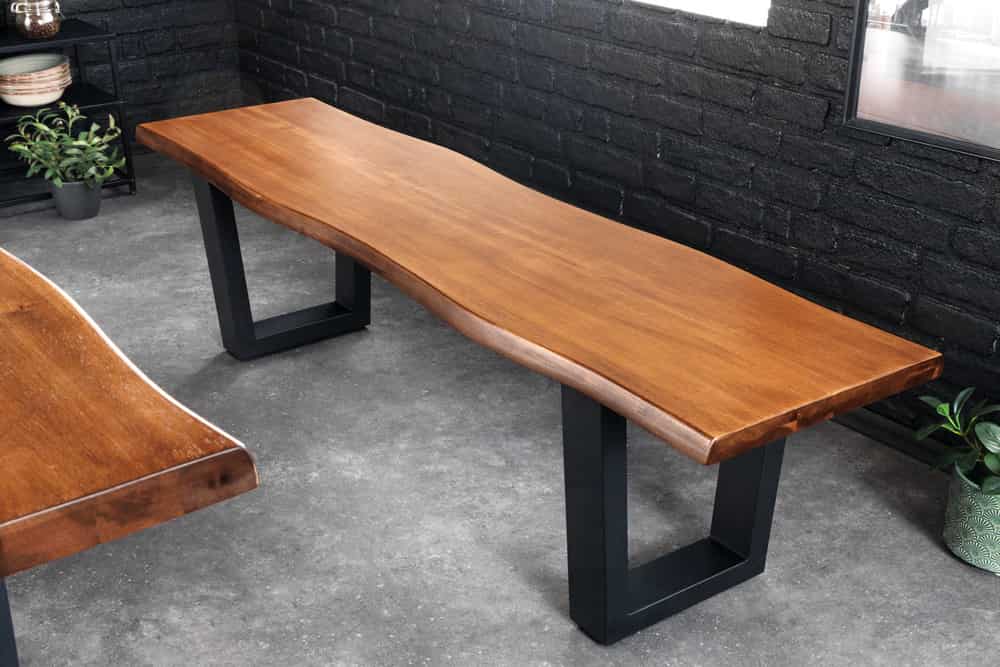 Massive Sitzbank GENESIS 160cm braun Akazienholz schwarz Metallgestell Baumkante