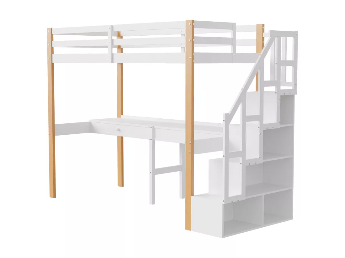 it superposé 90 x 200,lit mezzanine avec bureau,lit enfant avec escalier de rangement, garde-corps de sécurité,Blanc