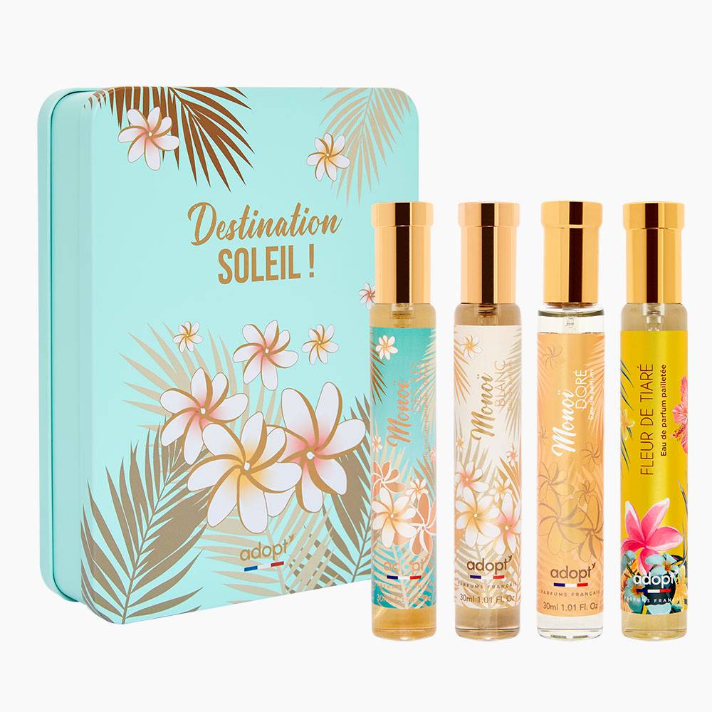 Destination soleil Coffret 4 eaux de parfum Monoi des Îles 30 ml, Monoï Blanc 30 ml, Monoï Doré 30 ml, Fleur de Tiaré pailletée 30 ml