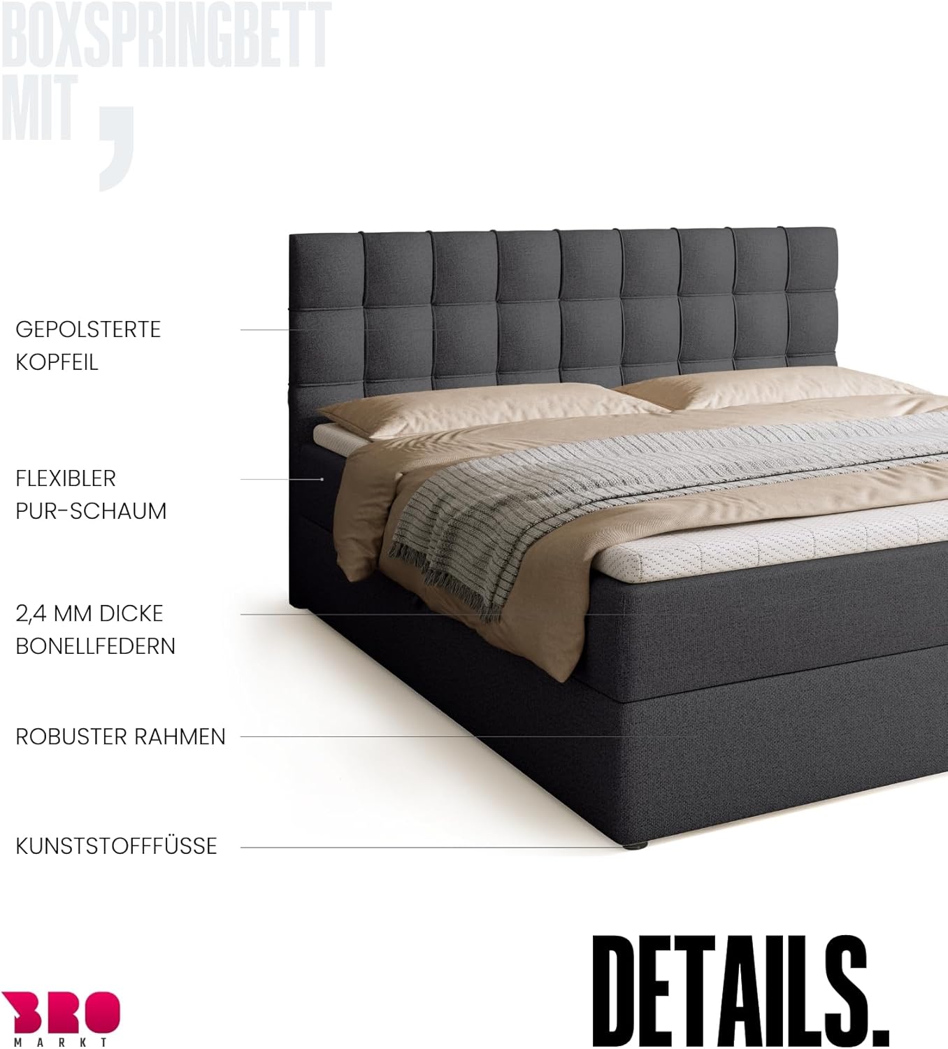 BROMARKT Boxspringbett mit Bonell Matratze und Bettkasten Doppelbett mit Topper 180x200cm Härtegrad H3 Bett für Schlafzimmer gepolsterte Kopfstütze Detroit Dunkelgrau