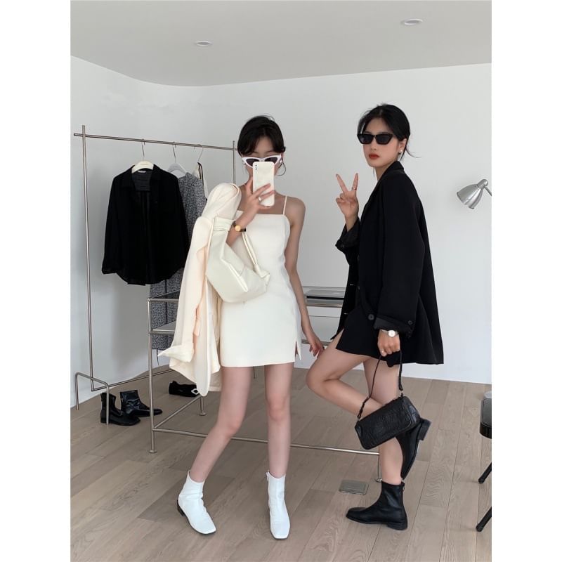 Jesong - Spaghettibandjes, vierkante hals, effen, split mini-jurk / oversized enkelrijs blazer