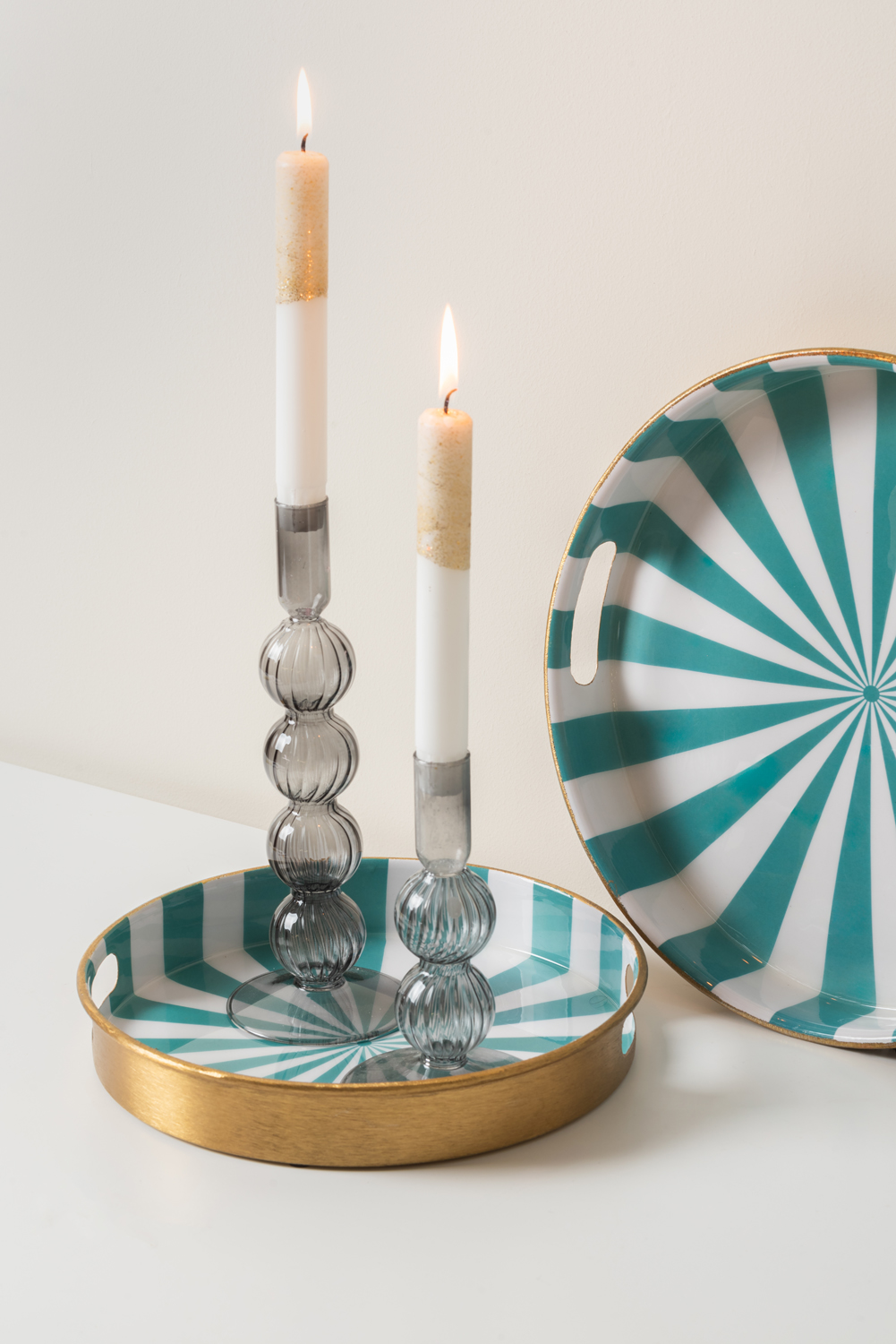 Tray set Candy Swirl enamel turquoise blue & white, Set of 2pcs
