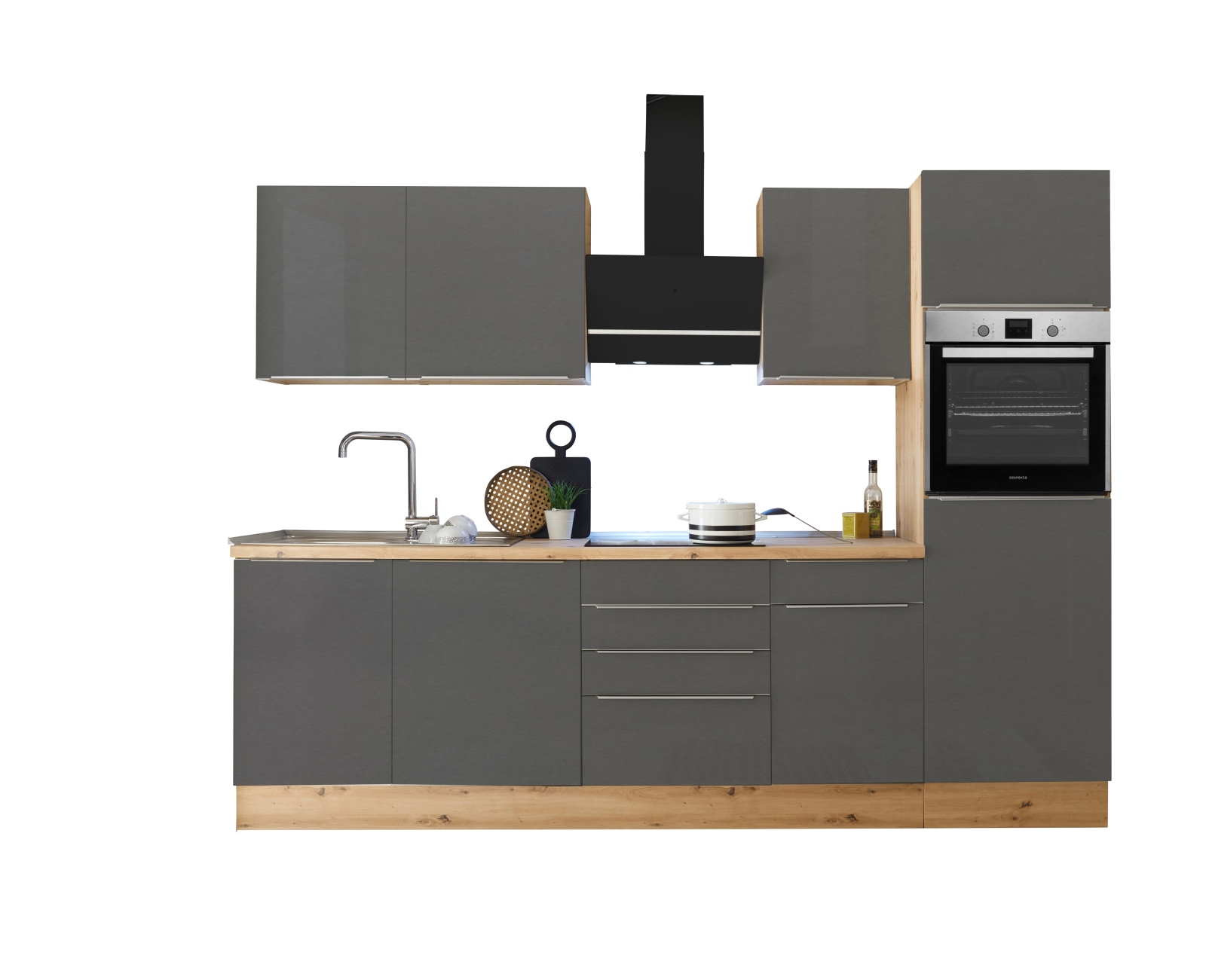 RESPEKTA Küchenblock - grau Matt-Artisan Eiche Sägerau - mit E-Geräten - 280 cm