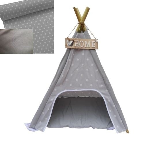 Cama tipi em formato de estrela personalizável para cães com almofada cinza.