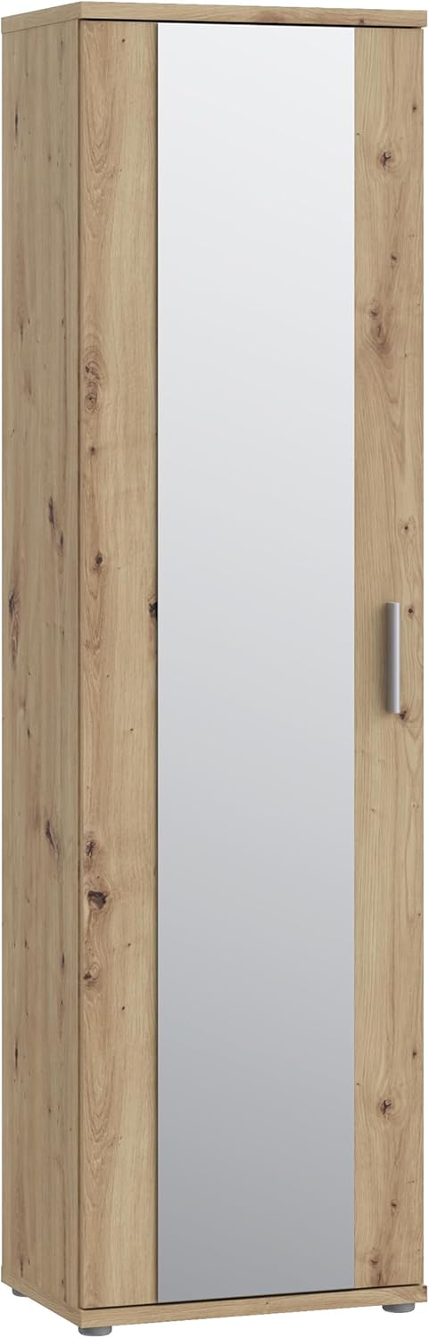 Forte NET106 Schuhschrank 50, schmaler Flurschrank mit 6 Einlegeböden und Spiegelfront, Flur, Diele, Holzwerkstoff, Artisan Eiche Holzdekor, 50,2 cm breit x 179,1 cm hoch x 34,8 cm tief