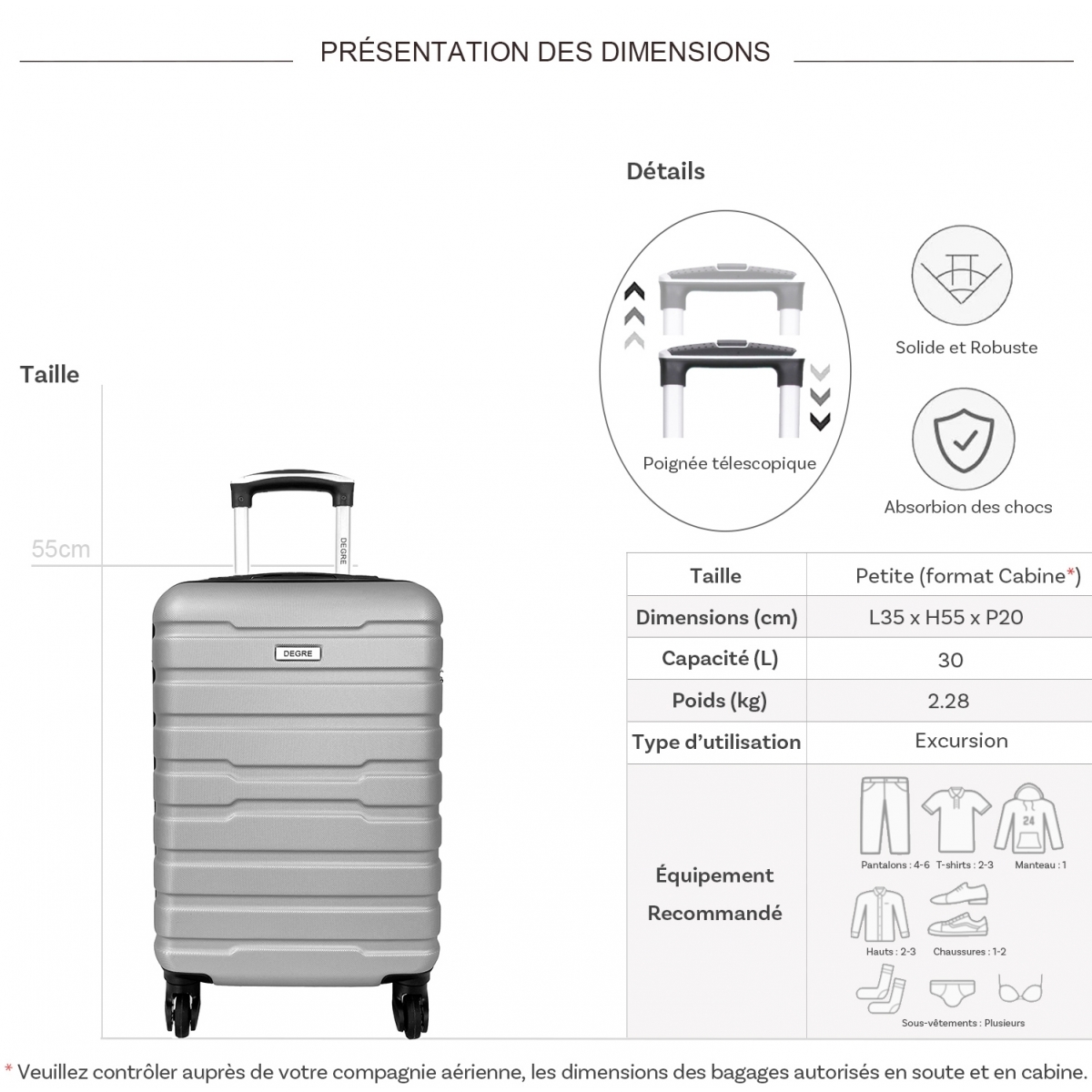 Degré Valise cabine passe-partout rigide Degré ABS 55cm