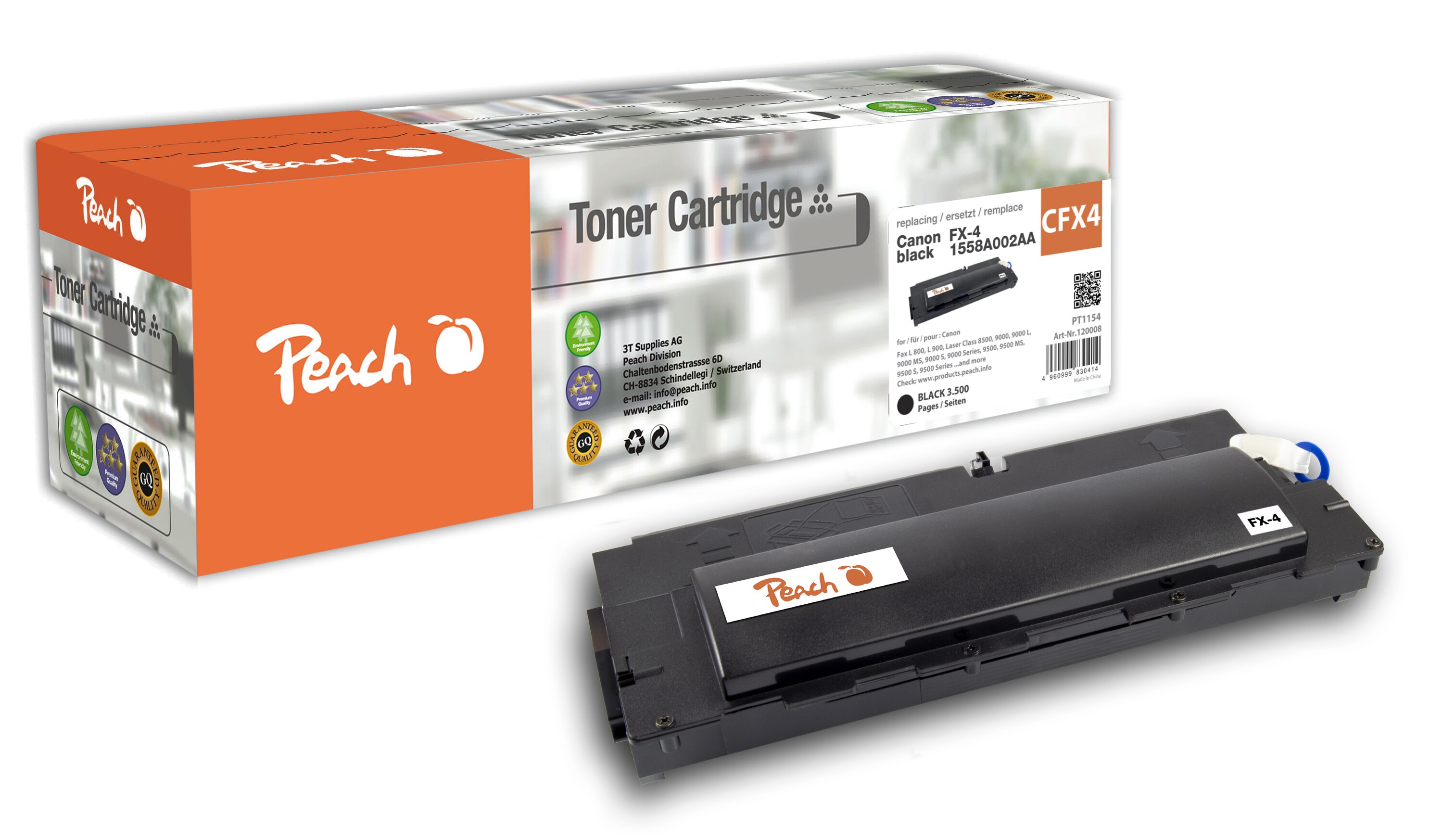 Peach CFX4Toner bk ersetzt Canon FX-4, 1558A002AA für z.B. Canon Fax L 800, Canon Fax L 900, Canon Laser Class 8500, Canon Laser Class 9000 (wiederaufbereitet)