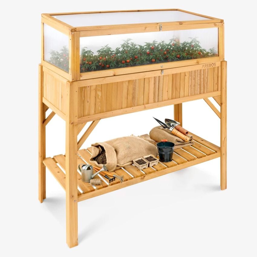 Holz Hochbeet mit Ablage und Frühbeet-Aufsatz