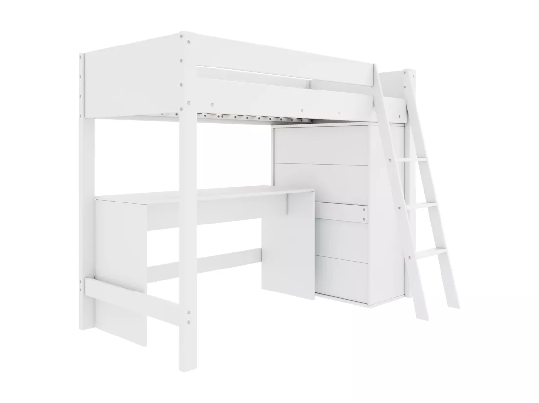 Lit surélevé pour enfants, 90x200cm, avec échelle, bureau et armoire, Bois massif, Blanc, Sans matelas