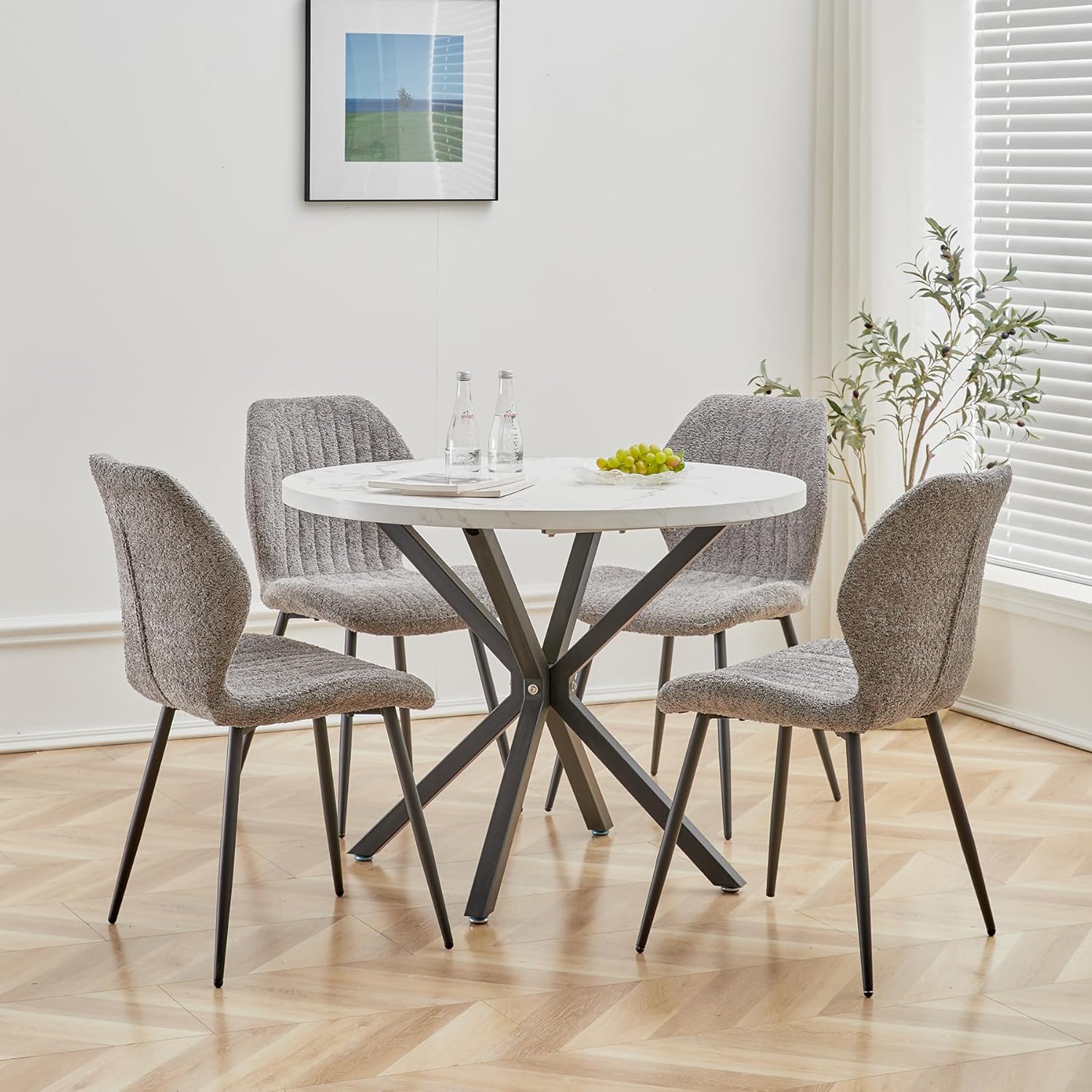 Essgruppe Set Tisch und Stühle, 100cm Runder Esstisch und 4 Leinen-Esszimmerstühle, 4 Stühle & Tisch für Küche, Esszimmer und Wohnzimmer (Grau-ST, 100 * 100 * 76.5cm (Weiß/Schwarz))