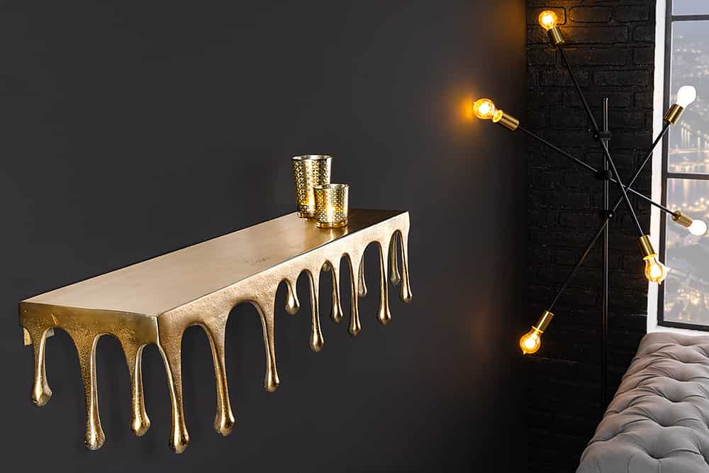 Handgefertigtes Wandregal LIQUID LINE 60cm gold antik Metall Tropfen-Design