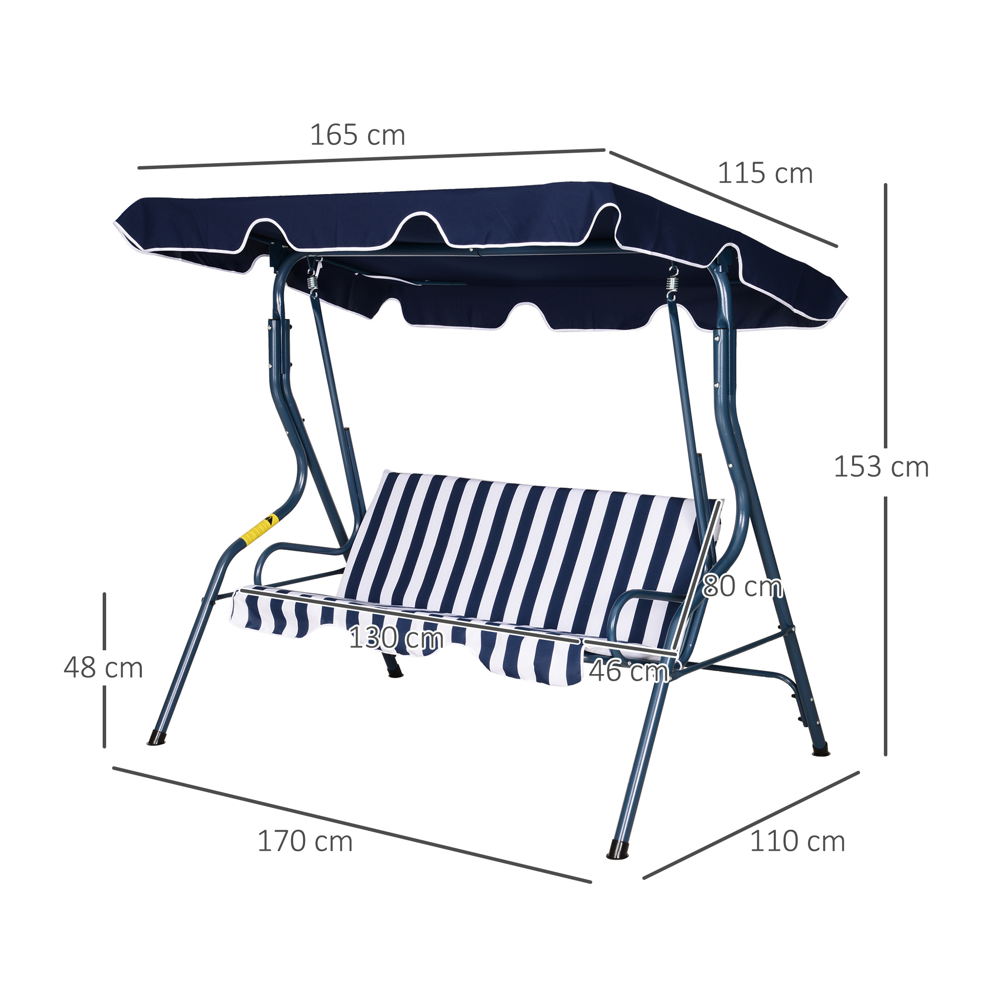 Balanço de jardim Outsunny para 2 a 3 pessoas, em metal, com almofada e cobertura ajustável, ideal para varandas e terraços. Capacidade de carga de 200 kg, dimensões de 170 x 110 x 153 cm, cor azul listrado.