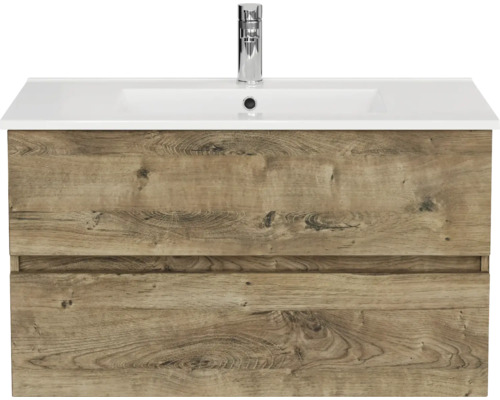 Pelipal Napoli badkamermeubelset (B x H x D 90 x 53,5 x 46,5 cm), frontkleur eiken ribbeck, met keramische wastafel in wit, SET-150-041