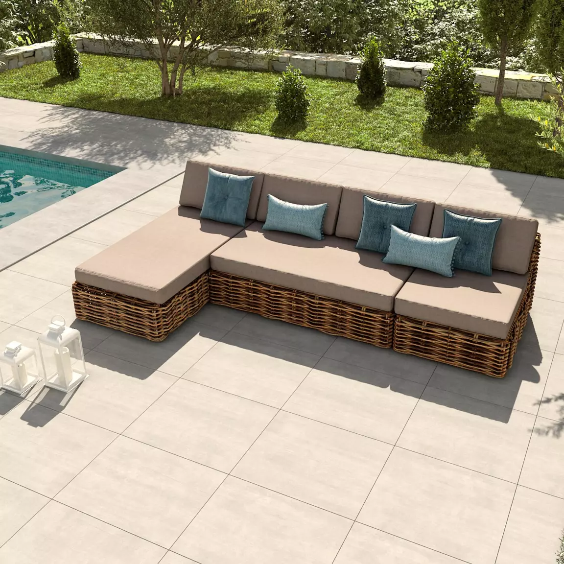 Chauffeuse de jardin en rotin Surabaya Sepia et beige