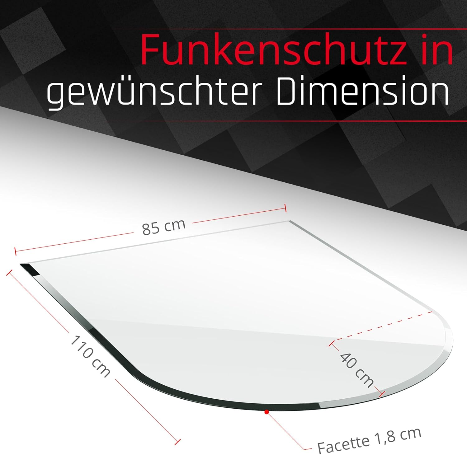 BIJON Glasplatte Rundbogen für Kaminofen mit Dichtlippe, Glasbodenplatte - Funkenschutzplatte Glas mit Facettenschliff, Kamin Hitzeschutz, ESG Sicherheitsglas 85 x 110 cm x 6mm