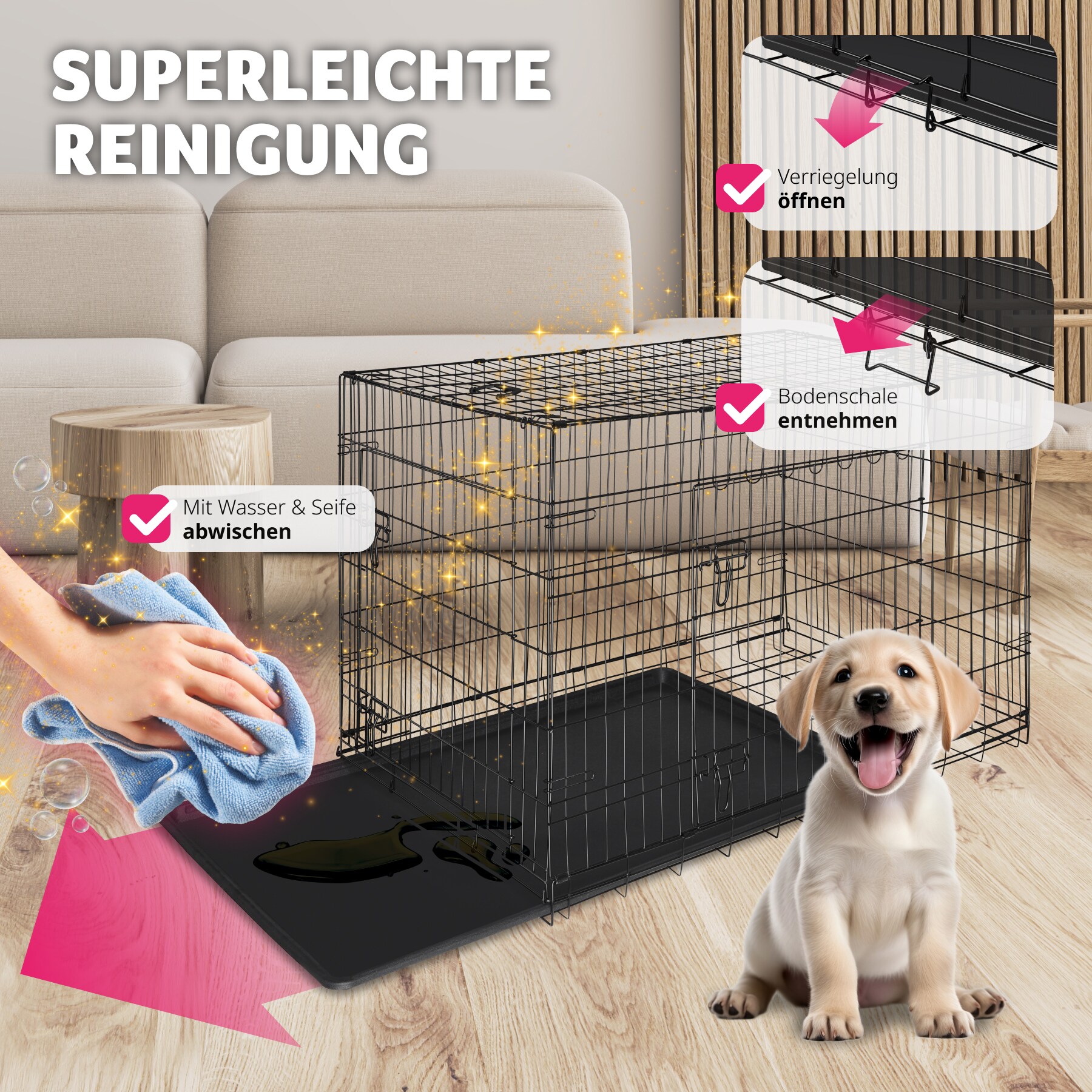 tectake® Hundekäfig-Gitterbox, klappbar, mit 2 Tragegriffen, 2 große Türen mit Doppelverriegelung, herausnehmbarer Boden, abgerundete Ecken