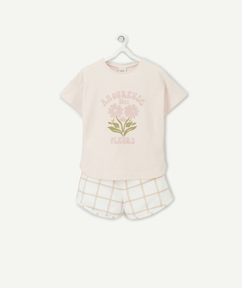 PYJAMA FILLE EN COTON BIOLOGIQUE ROSE ET À CARREAUX