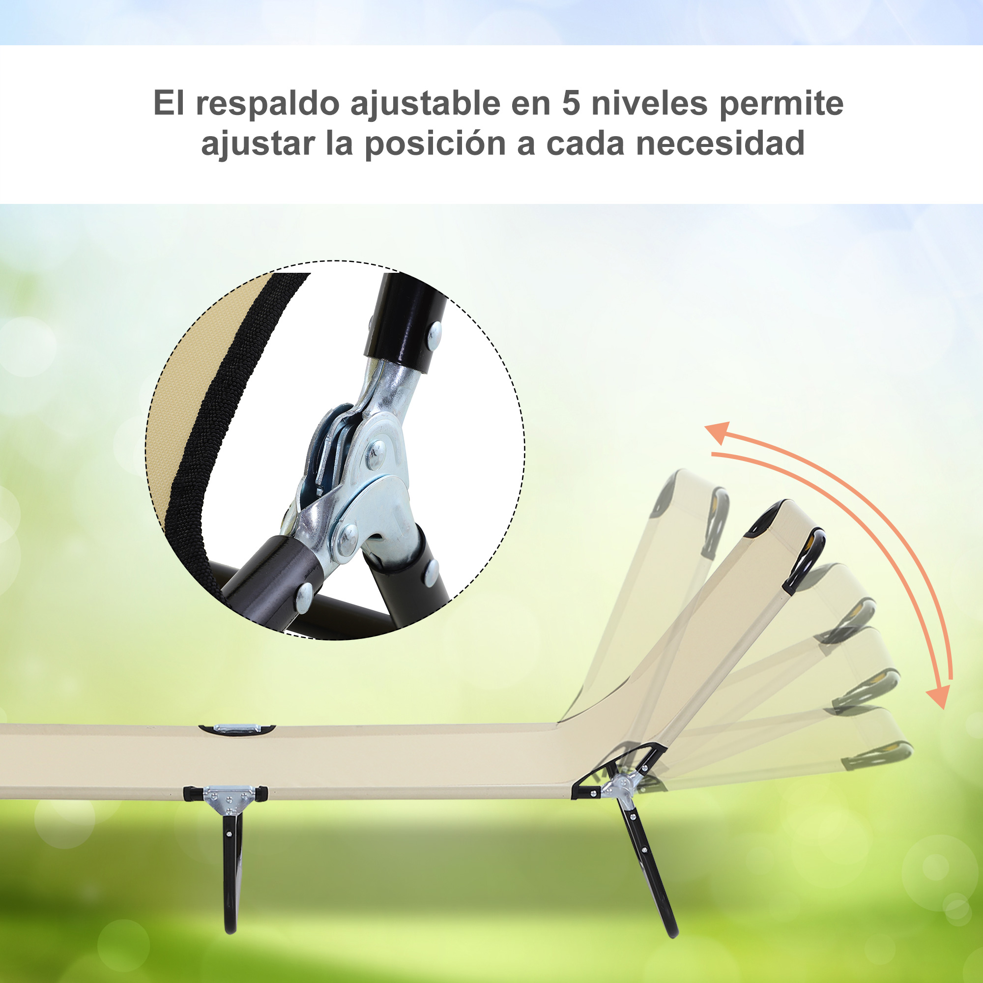Espreguiçadeira dobrável e reclinável Outsunny com 5 ângulos ajustáveis para jardim, piscina, terraço e camping, capacidade de carga de 120 kg, 188 x 56 x 28 cm, bege.