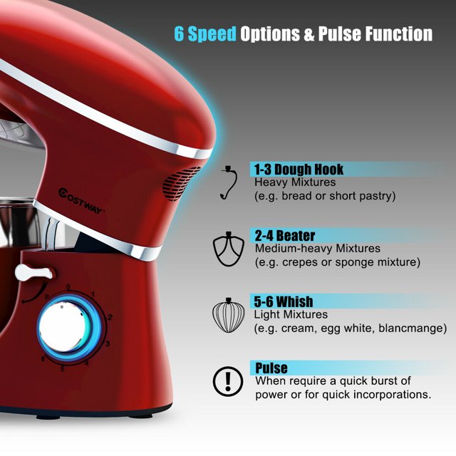 Batedeira de pedestal Costway de 6 velocidades, 660 W, com gancho para massa e batedor de arame, 6,3 qt (6,3 litros), branca.
