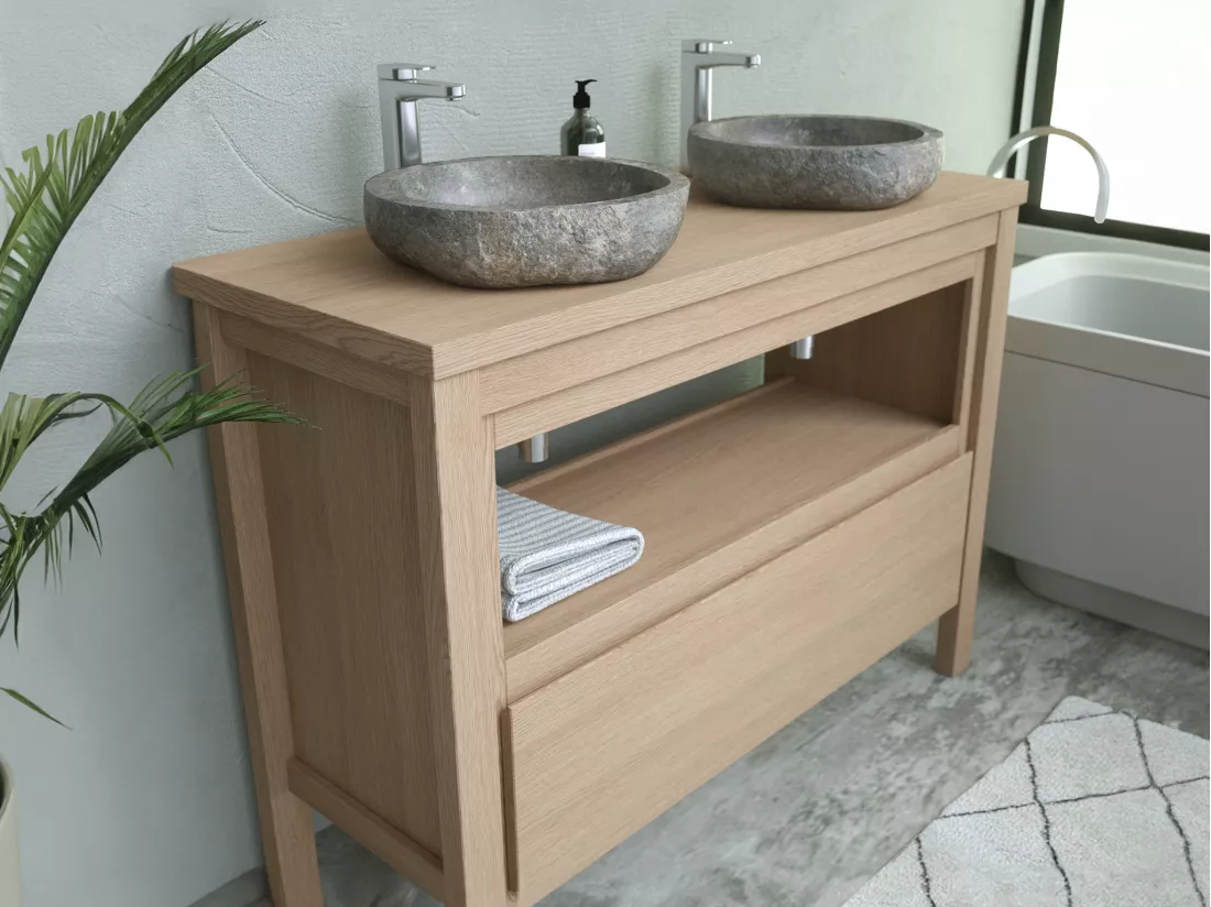 Meuble de salle de bain avec vasque à poser en pierre - Placage chêne - 120 cm - COSMOTI