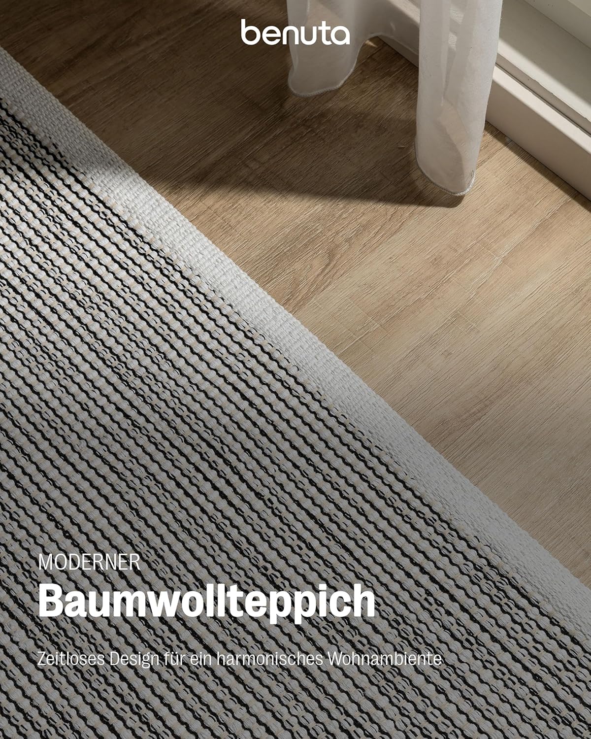 benuta Basic handgewebter Baumwollteppich Ron - Beige/Schwarz 200x290 cm - Handwebteppich aus 100% Baumwolle - Style: Uni, Minimalistisch, Natural Living - Pflegeleicht für Wohnzimmer Schlafzimmer
