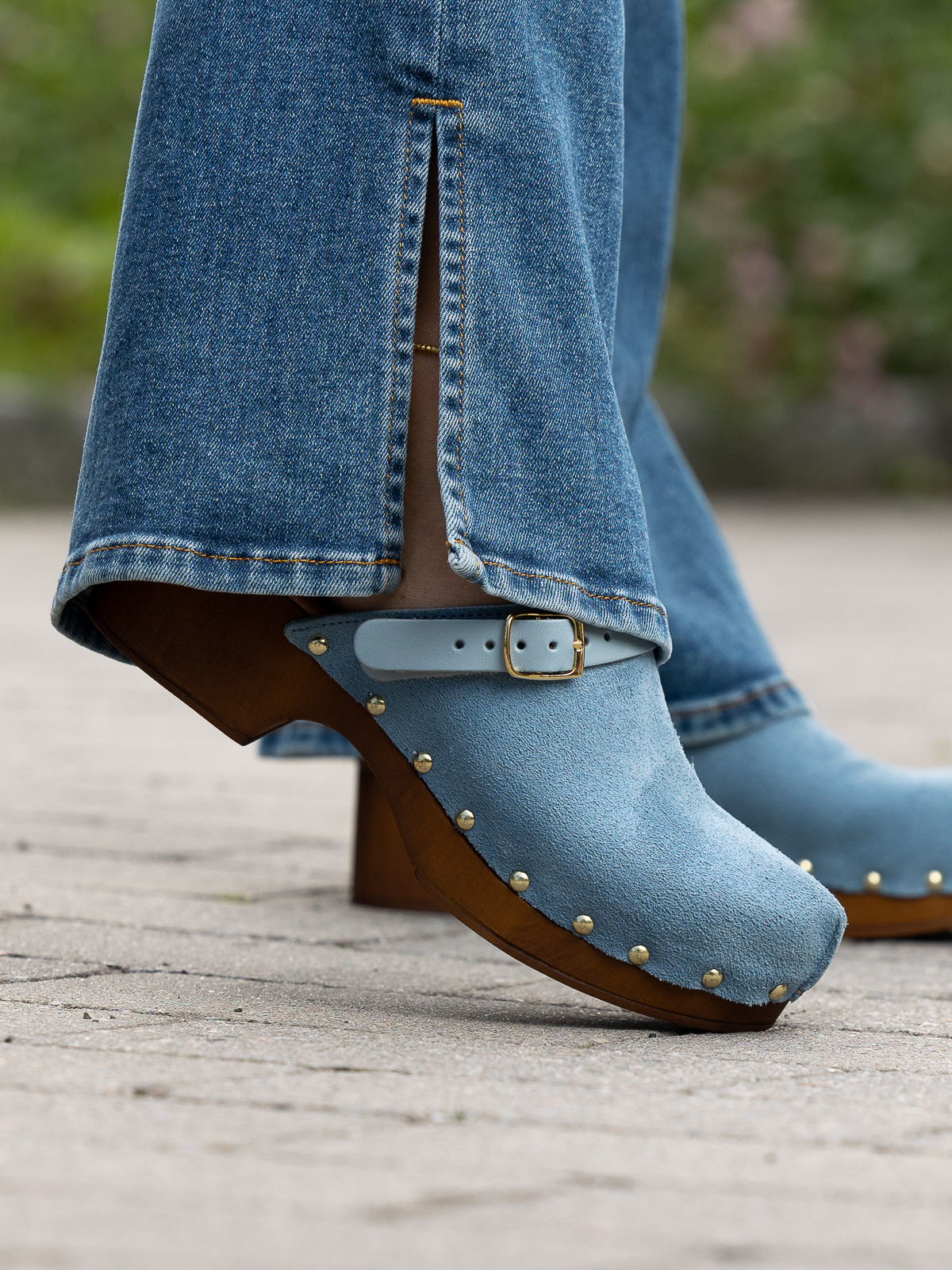 Clogs Suede Leather Lt Blue - Trapes Sko