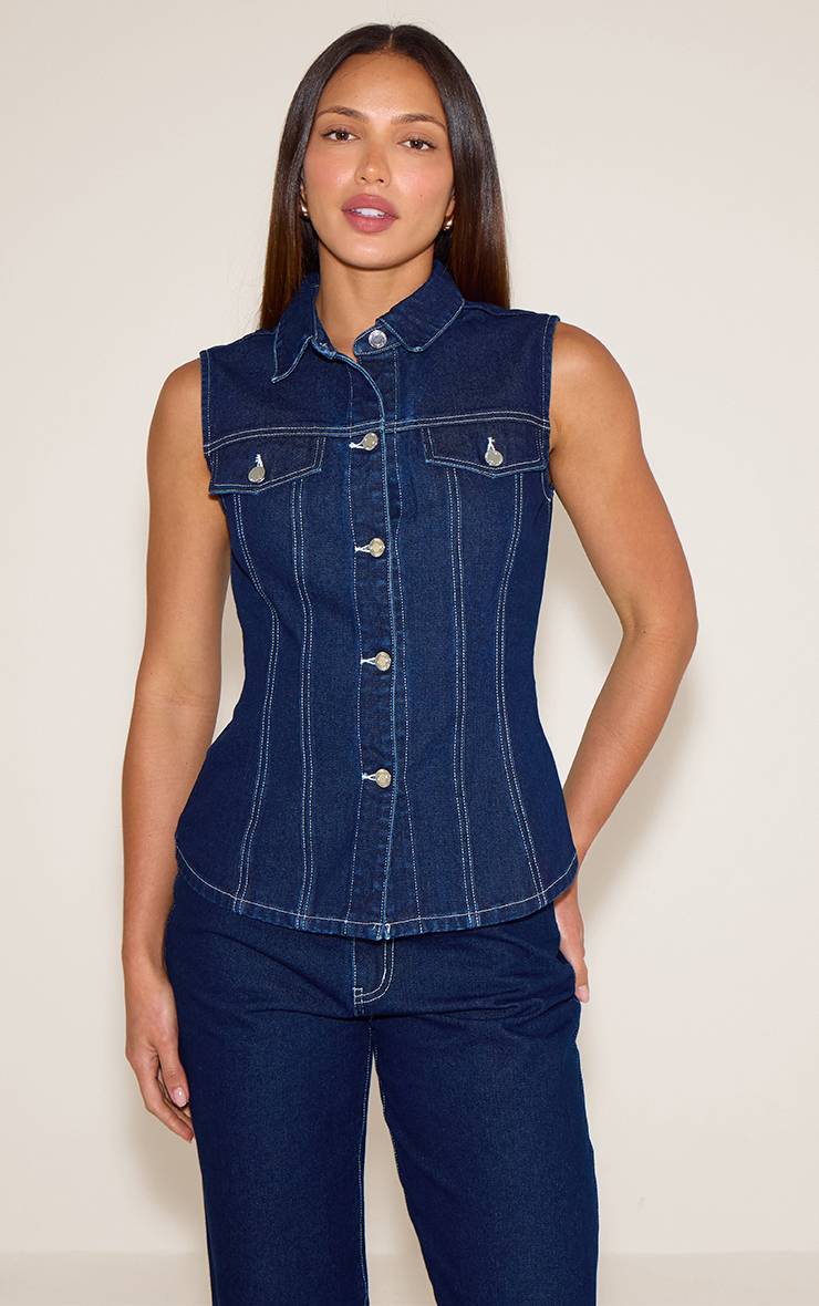 Bleu Indigo Chemise En Jean Sans Manches Cintrée Tall