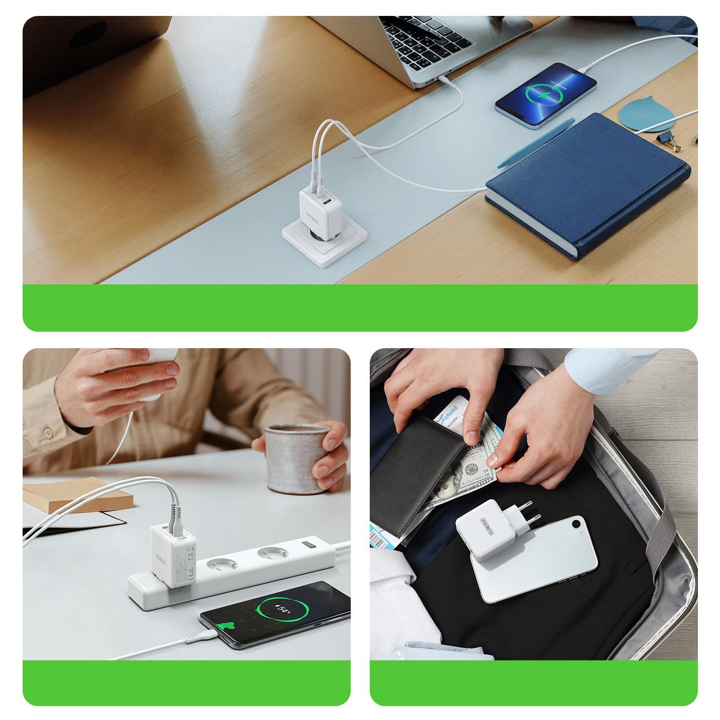 (65W) Dual USB C / USB A GaN Ladegerät Power Delivery 3.0 Netzteil - Weiss