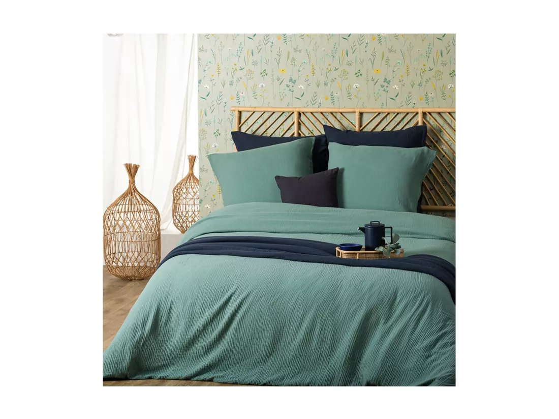 Parure de lit 2 Personnes en gaze de coton Vert Céladon 260 x 240 cm Housse de couette avec 2 taies