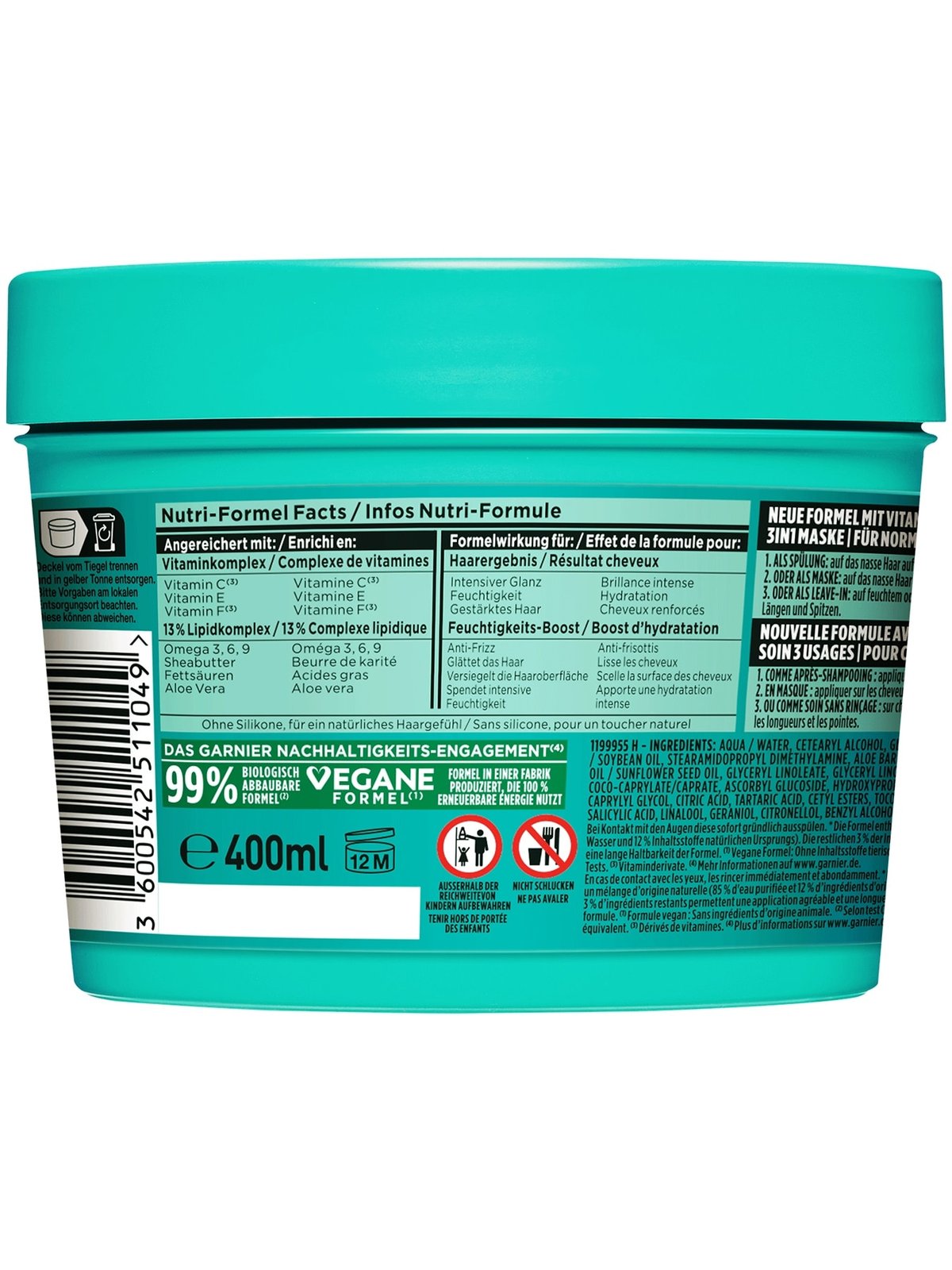 FRUCTIS Hair Food Feuchtigkeitsspende Aloe Vera 3in1 Maske für normales bis trockenes Haar 400 ml