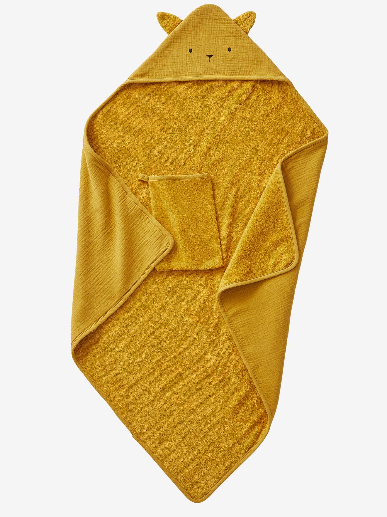 Capa de banho em gaze de algodão orgânico + luva* tamanho médio, amarela lisa com estampa