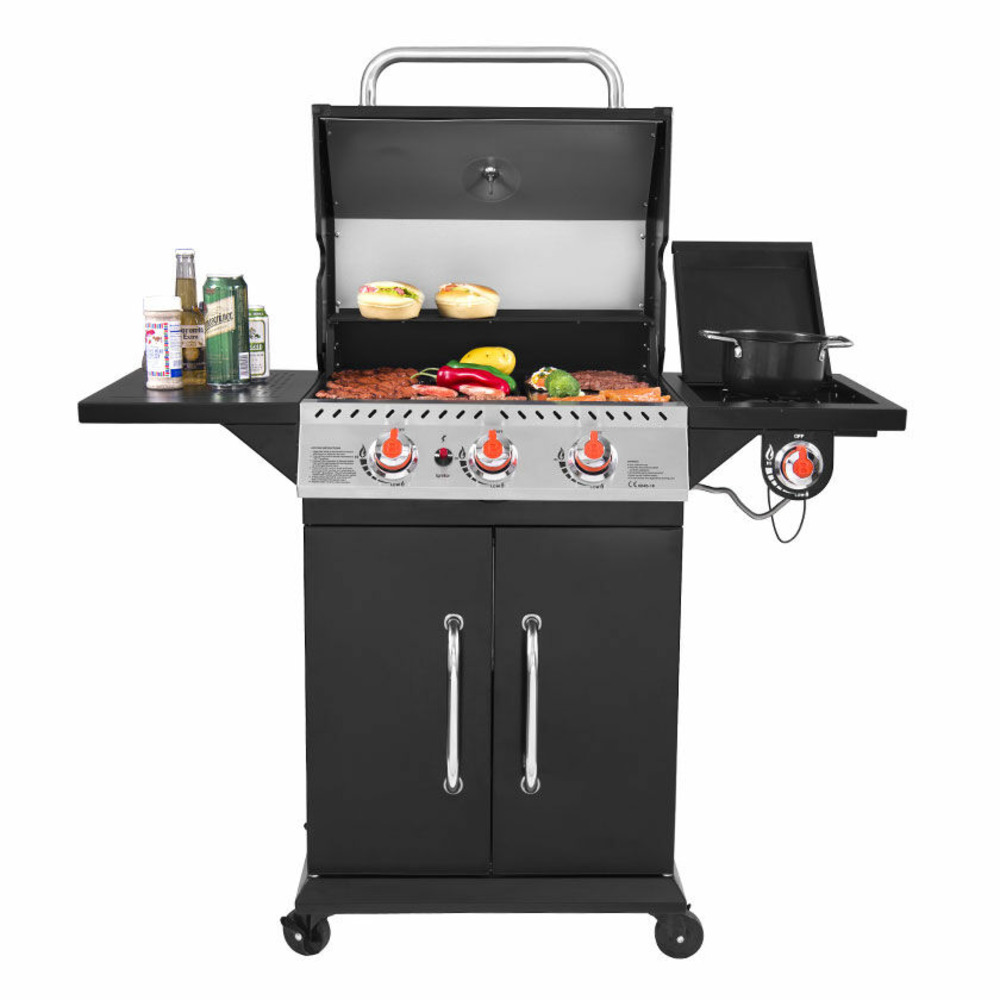 Barbecue Perth Noir à gaz 3 Feux + 1 brûleur latéral - 11,5 kW