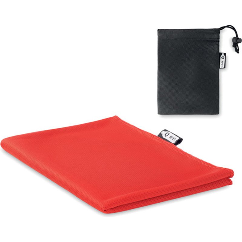 Serviette de sport avec pochette publicitaire en RPET toucher microfibre 30 x 80 cm - marquage 1 couleur