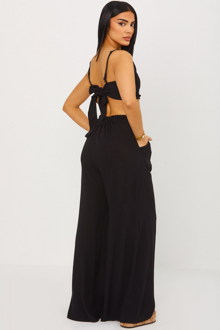 Ensemble effet lin 2 pièces crop top + pantalon noir