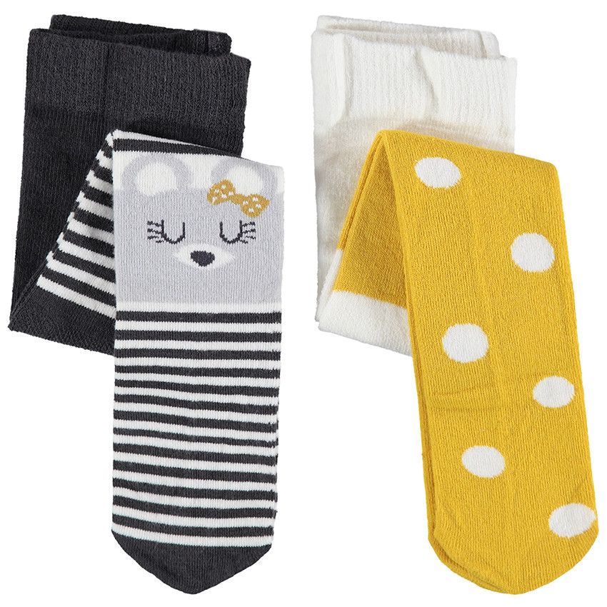 Lot de 2 collants en tricot à pois / rayures jacquard - Gris foncé