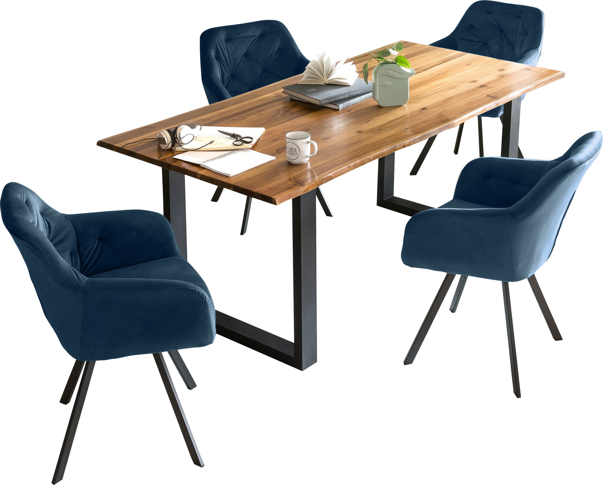 SalesFever Essgruppe »Essgruppe für stilvolles Speisen« Set, 5 Stk. tlg. 5-teiliges Set: Drehstühle und Tisch mit authentischer Baumkante