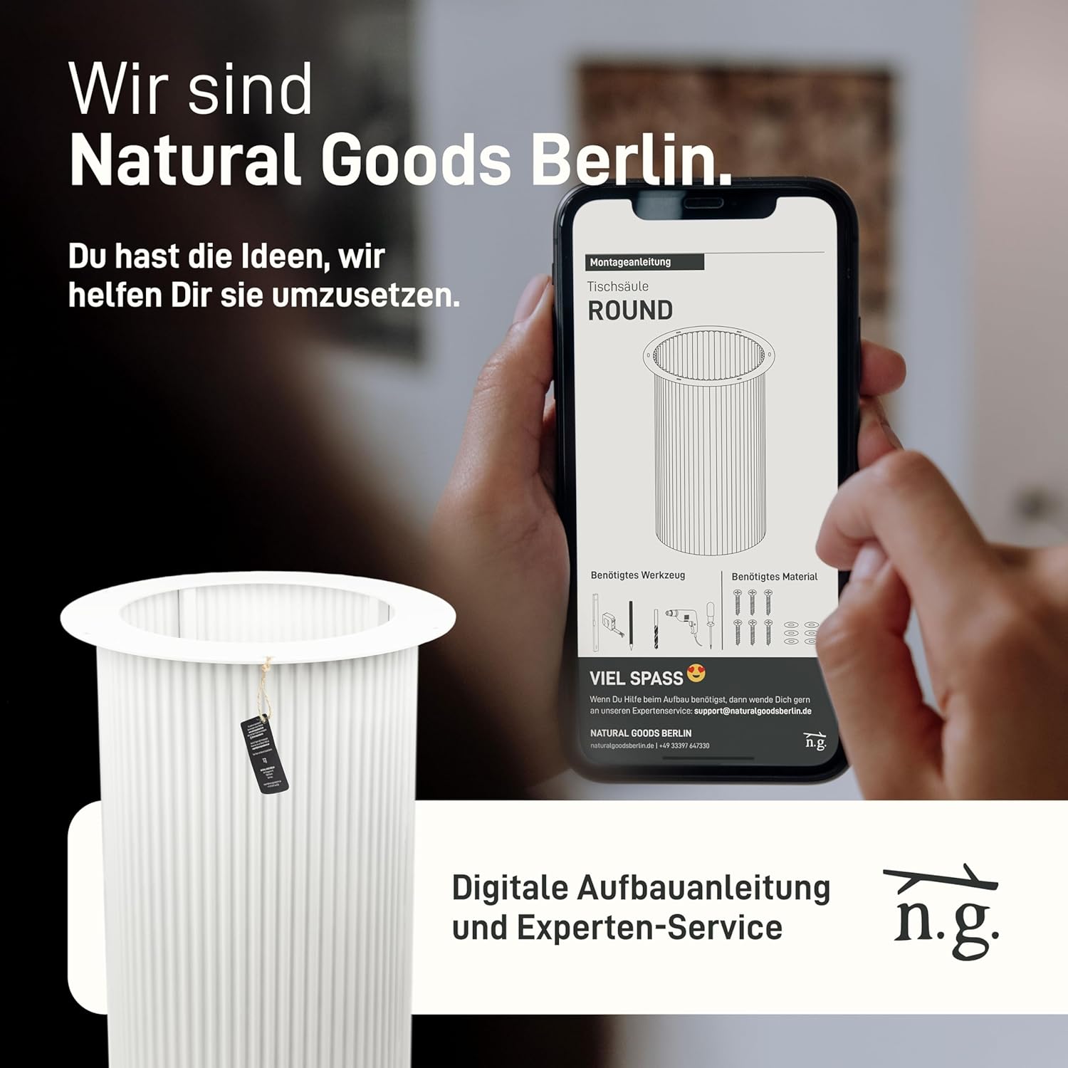 Natural Goods Berlin Tischsäule Round Wavy Tischgestell Metall Weiß 72 cm groß - Modern Table Leg Gestell - Fuß für Esszimmertisch pulverbeschichtet - Rundes Untergestell für Tischplatte