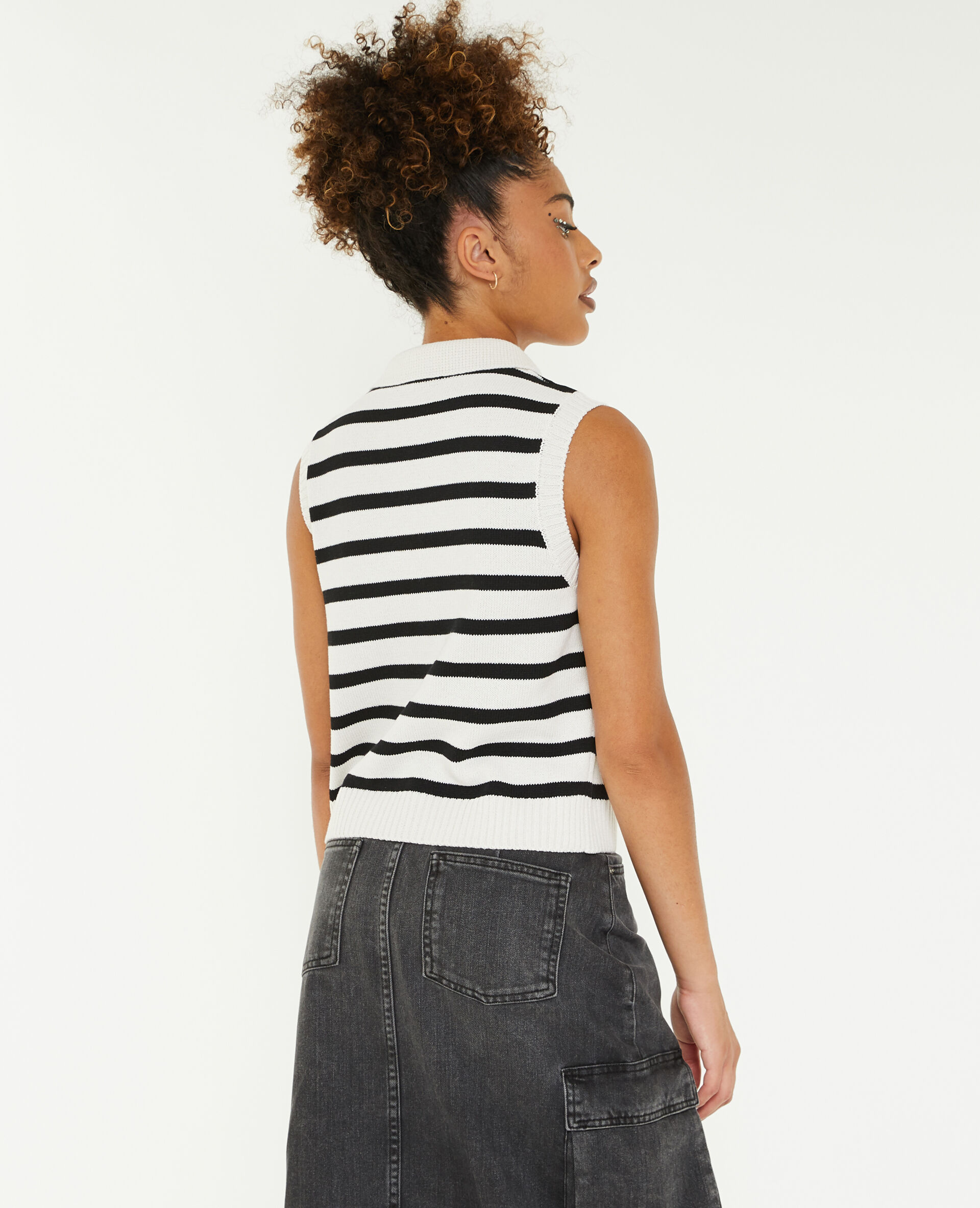 Pull sans manche motif rayures avec col - Blanc