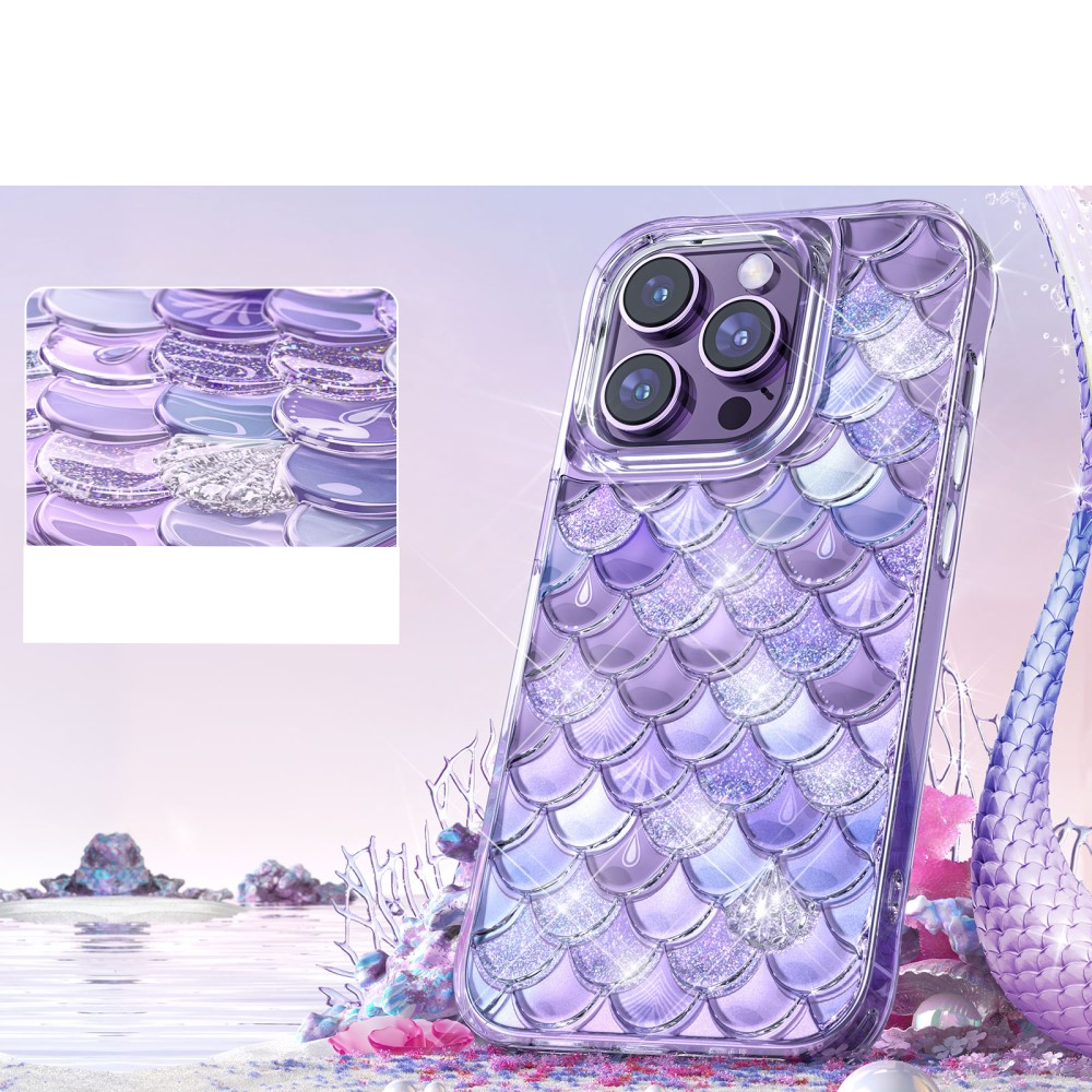 iPhone 14 Pro Max 3D Gummi Case Schutzhülle im Glitzer Meerjungfrau Mermaid Design - Lila / Transparent