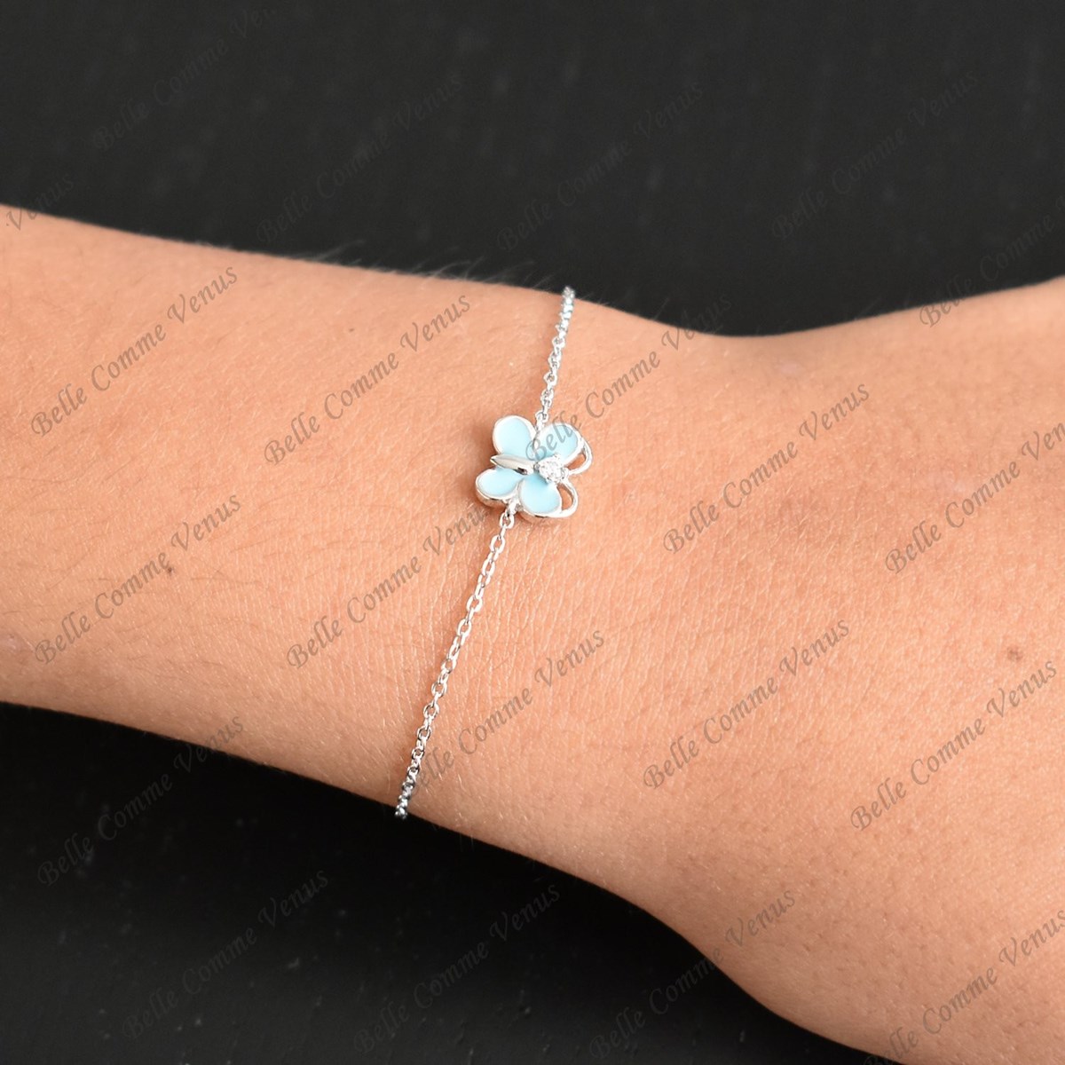 Bracelet papillon émail bleu turquoise et oxyde de zirconium Argent 925 Rhodié