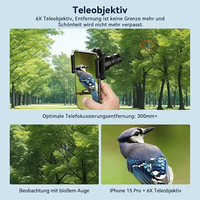2in1 Universal Smartphone Alu Kamera Teleskop Objektiv Televorsatz mit 6x-Teleobjektiv / 150-mm-Makroobjektiv / Universalclip  - Schwarz