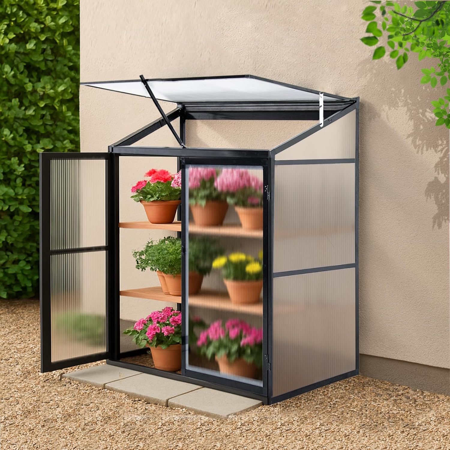 Aluminium Anlehngewächshaus Beistell Tomatengewächshaus klein Gewächshaus Doppeltür Treibhaus 140x55X130 cm schwarz