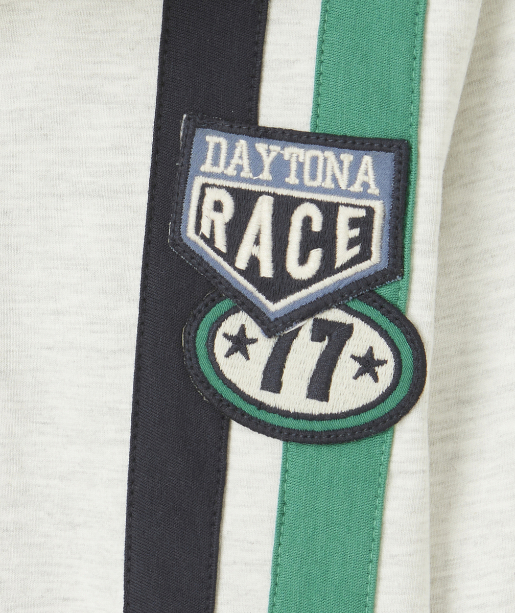 POLO GARÇON EN COTON BIO GRIS AVEC BANDES ET PATCHS THÈME RACING