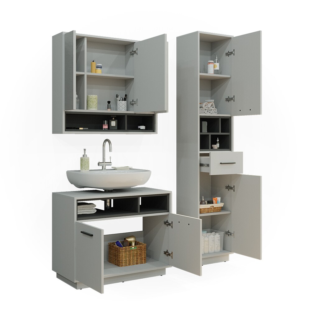Vicco Badmöbel-Set Badezimmer-Möbel Bad-Schrank Beatrice Grau Anthrazit modern Badezimmerschrank Waschtischunterschrank Spiegelschrank Hochschrank Schranktür Schrankfach